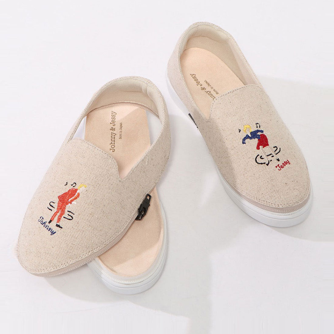 ジョニーアンドジェシー Johnny & Jessy J&J ダンシング刺繍 スリッポン,ベージュ
