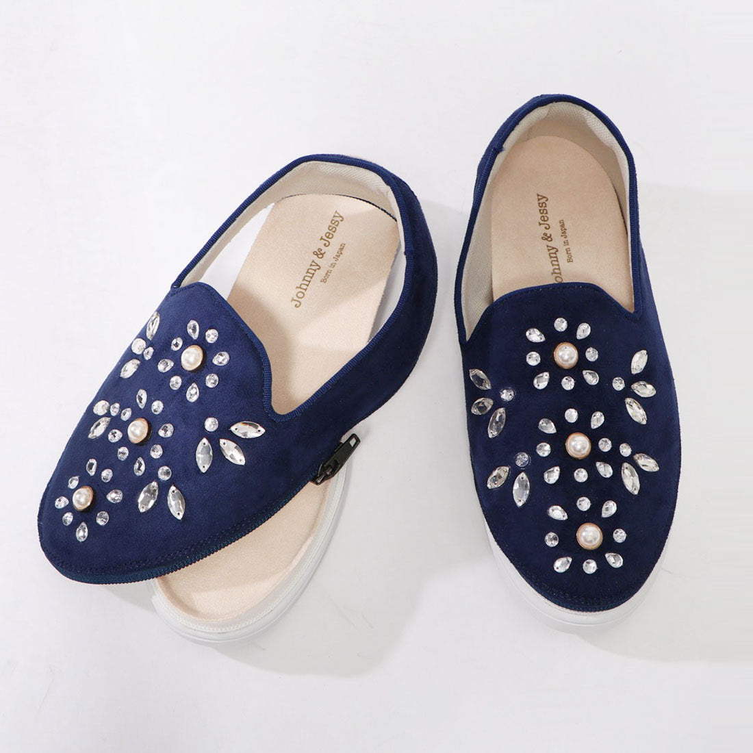 ジョニーアンドジェシー Johnny & Jessy スエード ビジュー スリッポン,ネイビー