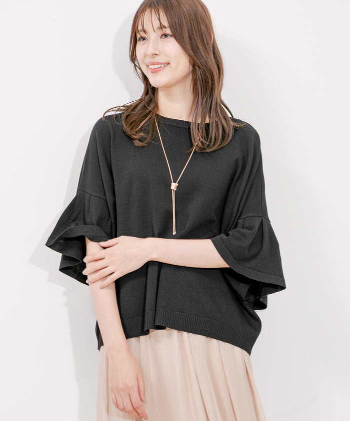 ジャイロ JAYRO 袖フリルゆったりニットプルオーバー,クロ