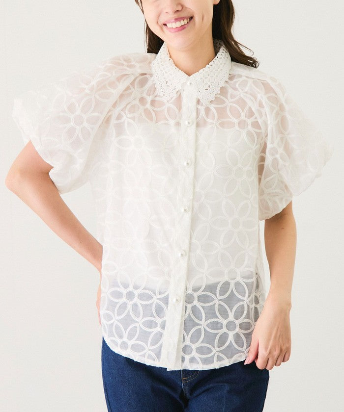 Hiiroページ JAYRO Gyro Pearl Button Flower Motif Embroidered Sheer Blouse