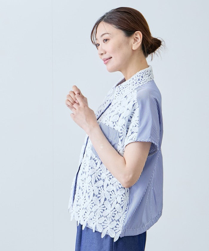 ジャイロ JAYRO コードレースストライプブラウス N72ー201A (グレー) グレー