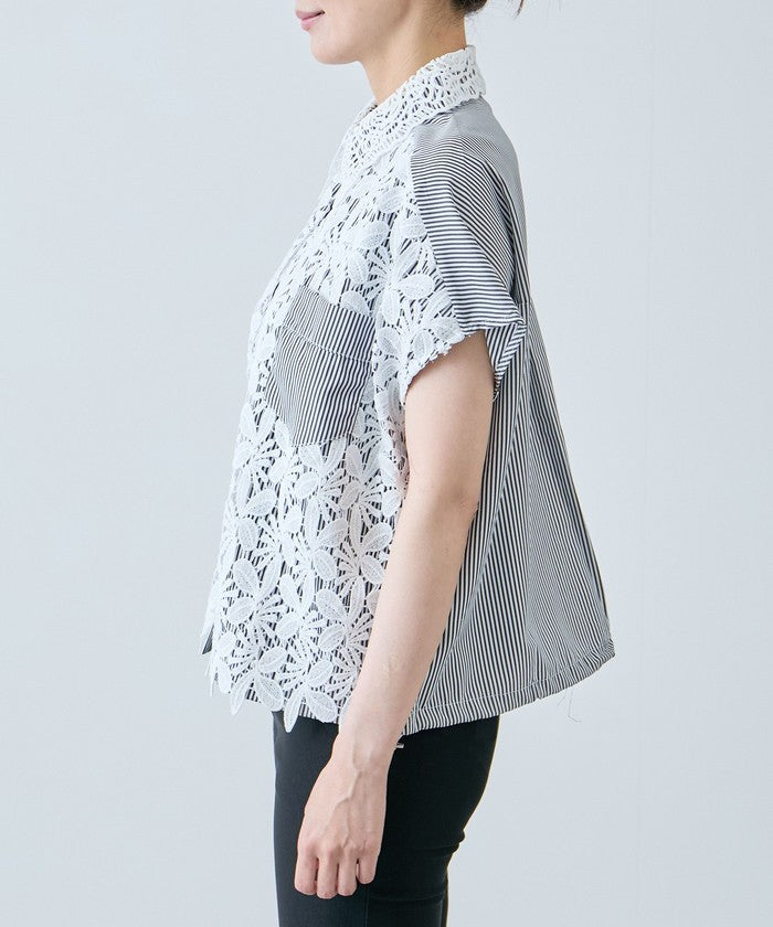 ジャイロ JAYRO コードレースストライプブラウス N72ー201A (グレー) グレー