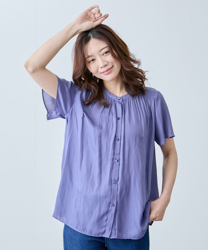 ジャイロ JAYRO ナイルサテン肩シャーリングブラウス (ブルー) ブルー