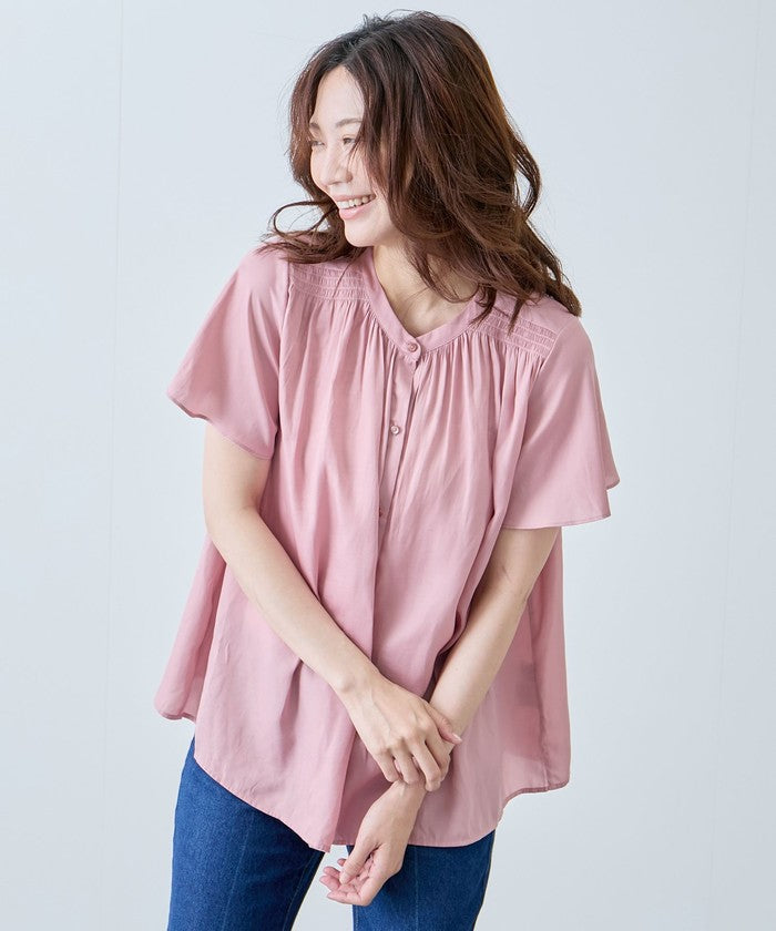 ジャイロ JAYRO ナイルサテン肩シャーリングブラウス (ブルー) ブルー