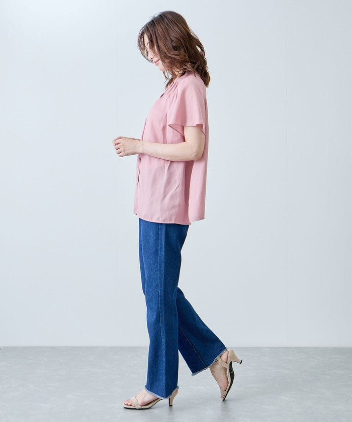 ジャイロ JAYRO ナイルサテン肩シャーリングブラウス (ブルー) ブルー