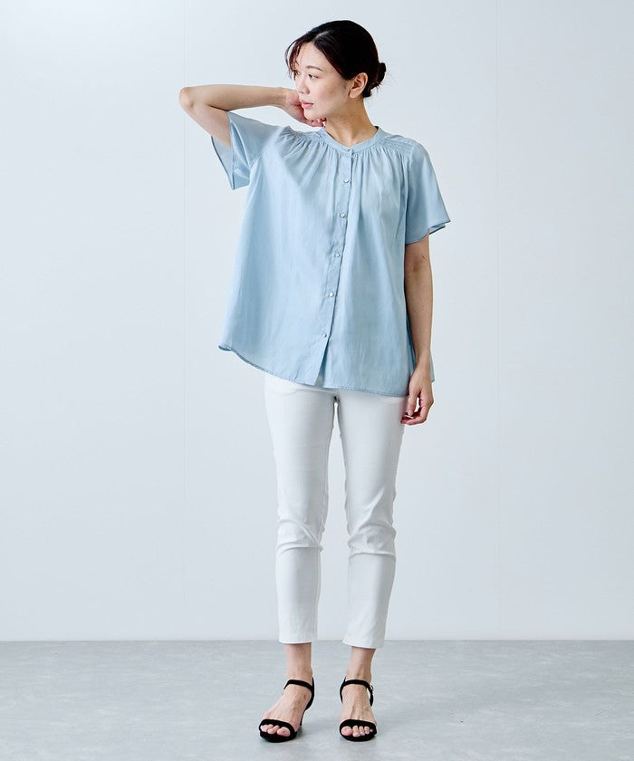 ジャイロ JAYRO ナイルサテン肩シャーリングブラウス (ブルー) ブルー