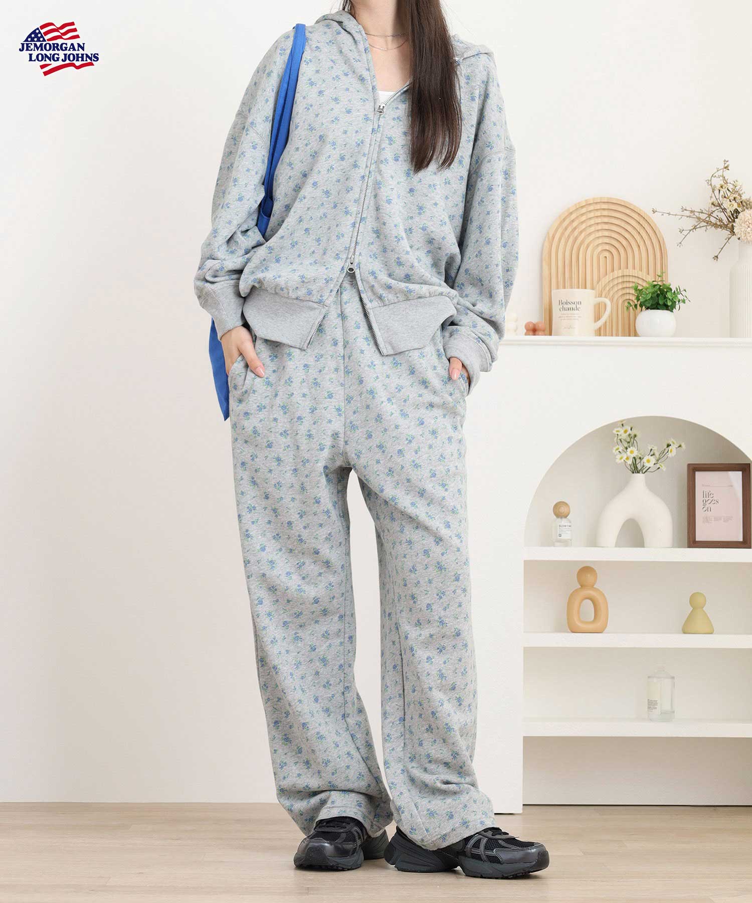 ジェーイーモーガン JEMORGAN JEMORGAN/ガーゼ裏毛花柄Wジップパーカー/フーディ (杢グレー×ブルー) 杢グレー×ブルー