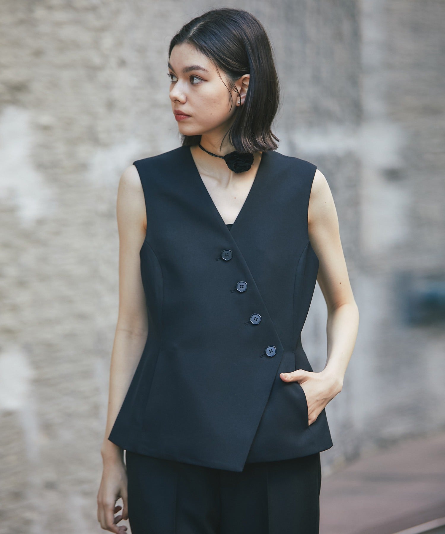 ベスト/ジレ Nocollar box shape vest Smile Orchid Diagonal Button Vest