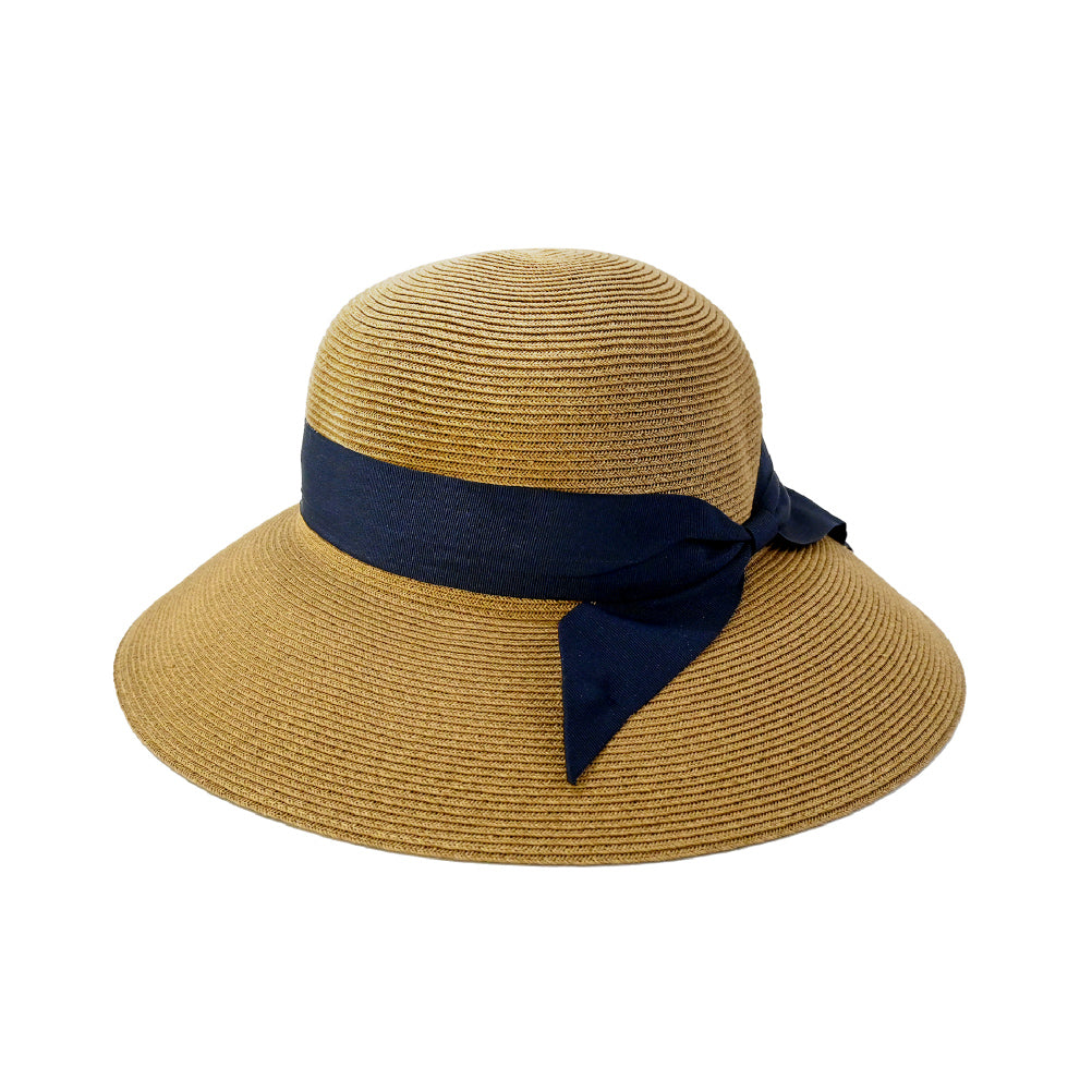 ハット レディース 麦わら帽子 春夏 帽子 リボン つば広 ペーパーハット 日除け UVカット 小顔 かわいい おしゃれ 紫外線対策 遮光 日傘 プレゼント ギフト サイズ調整 畳める ナチュラル シンプル カジュアル キャメル×ネイビー