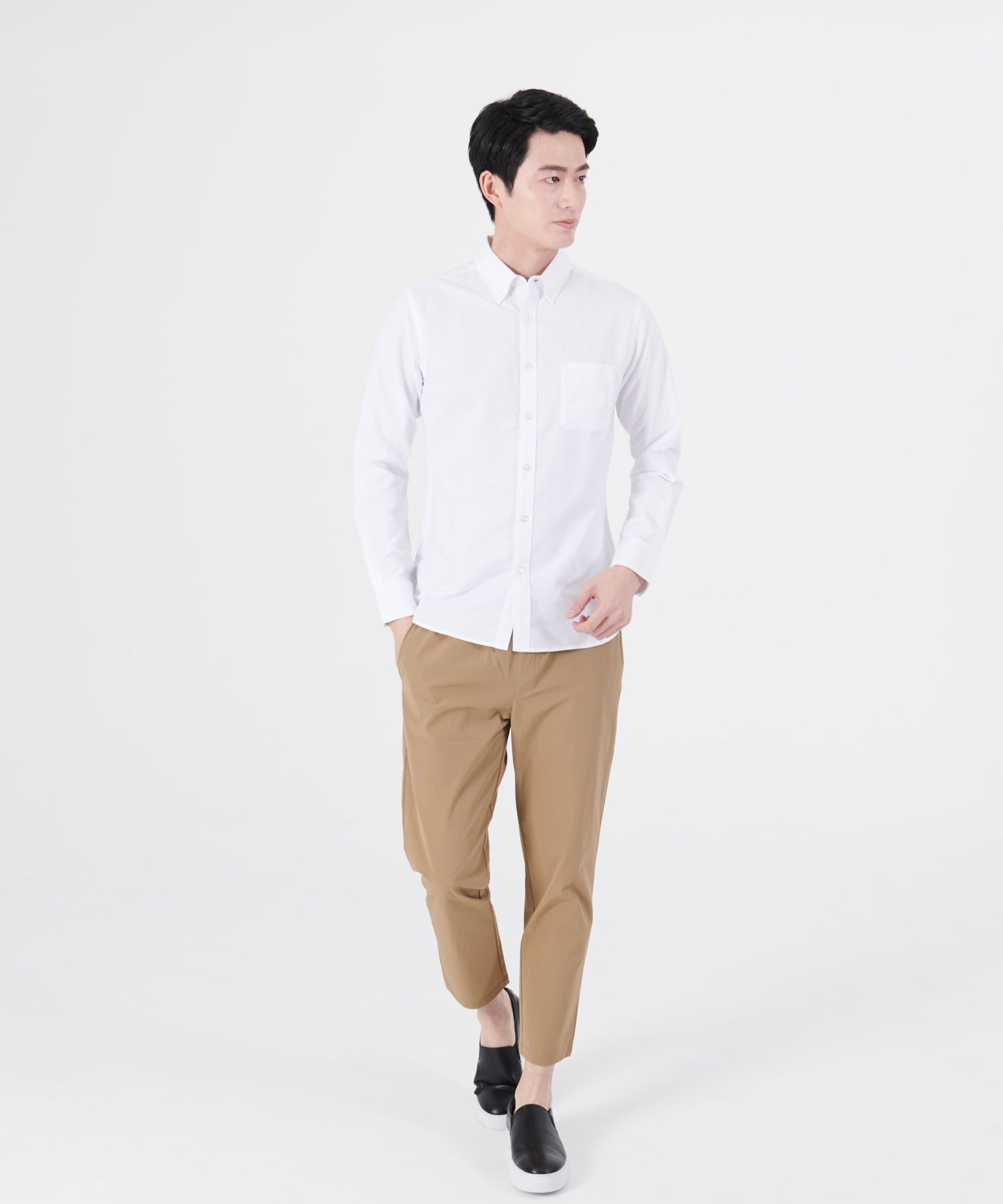 ジーンズメイト JEANS MATE 【BLUESTANDARD】楽ケア 綿100% オックス ボタンダウンシャツ レギュラーフィット イージーケア 防シワ (ホワイト) ホワイト