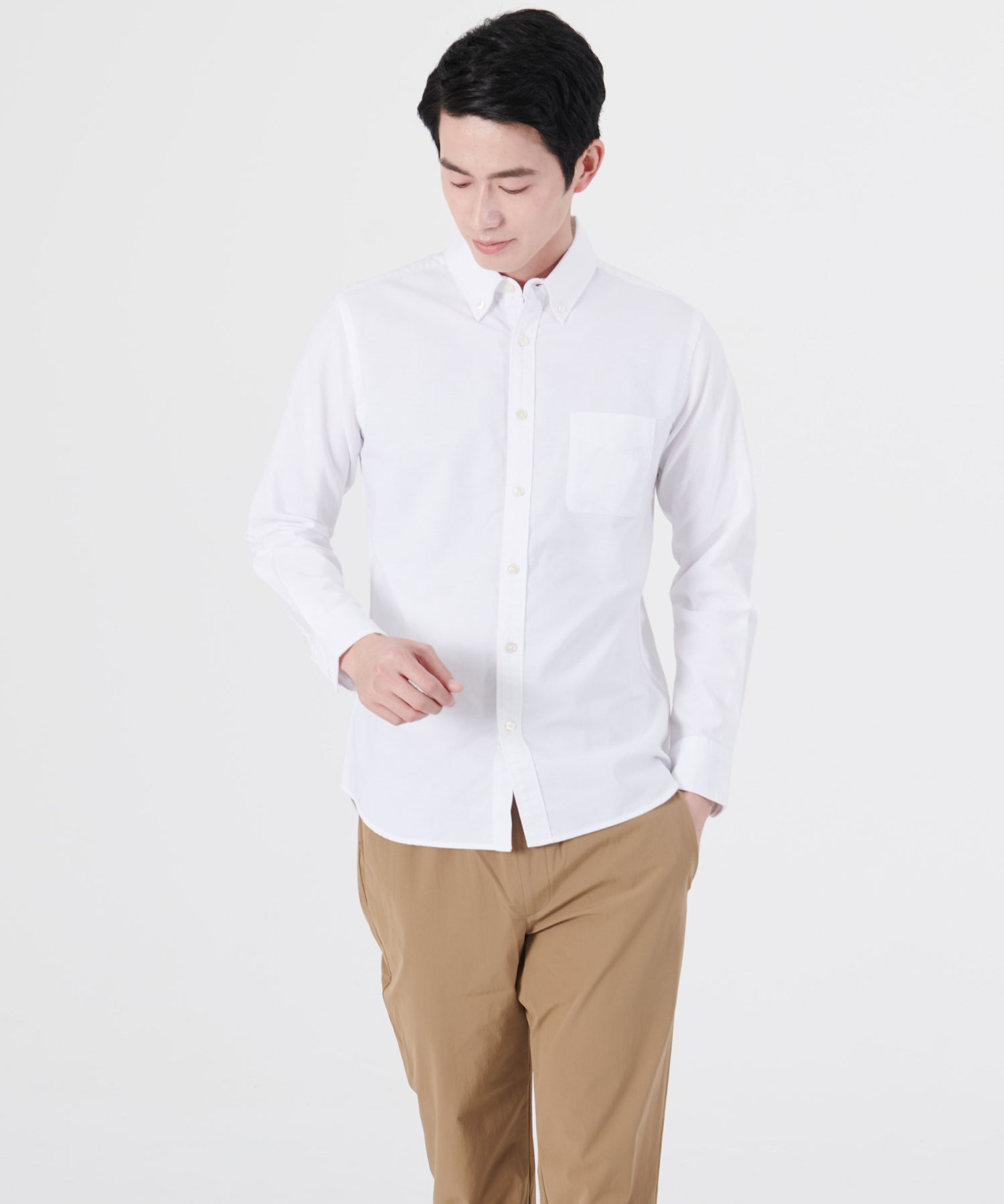 ジーンズメイト JEANS MATE 【BLUESTANDARD】楽ケア 綿100% オックス ボタンダウンシャツ レギュラーフィット イージーケア 防シワ (ホワイト) ホワイト