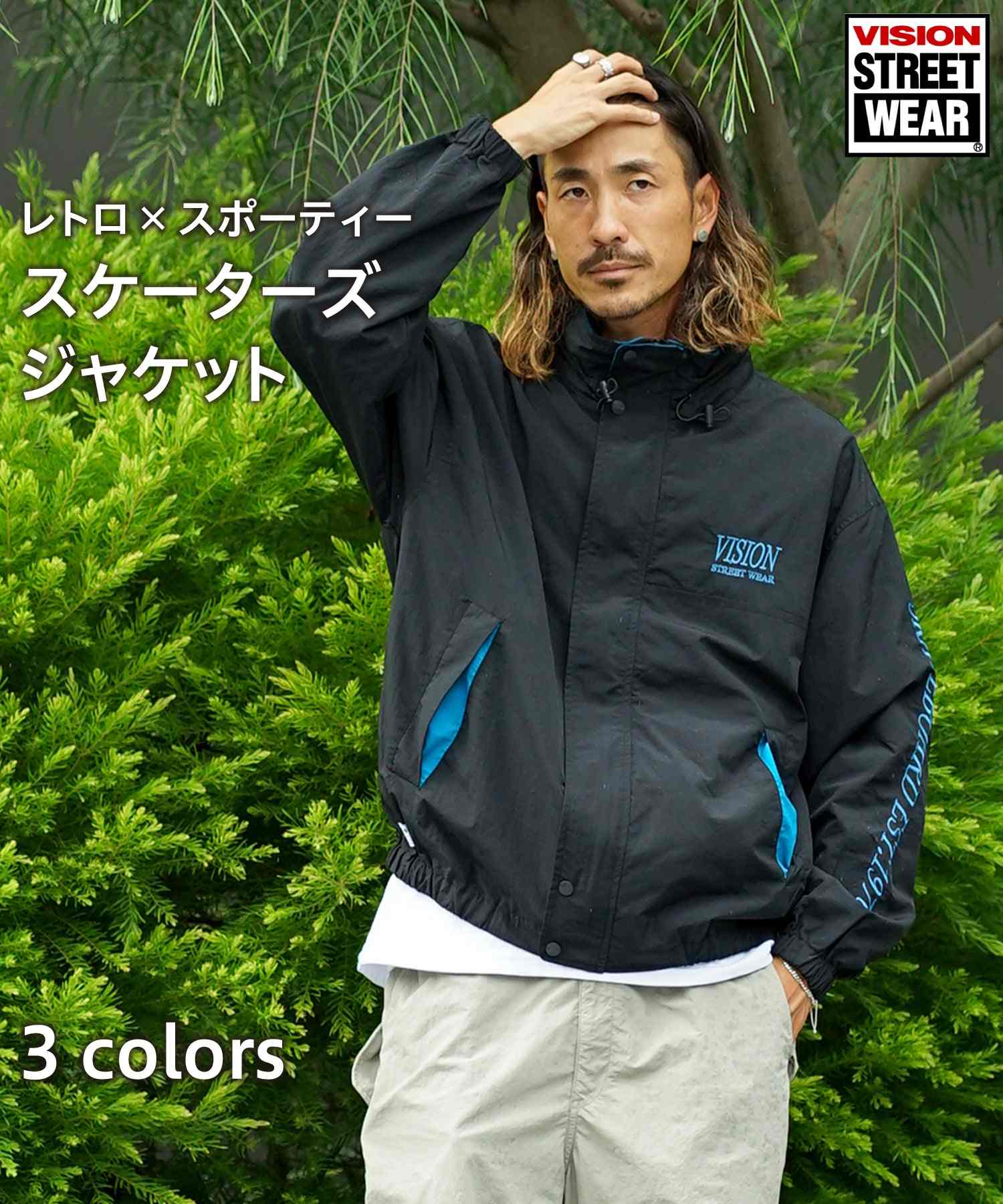 ジーンズメイト JEANS MATE 【VISION】2WAY スケーターズジャケット ロゴ刺繍 ナイロン ジャケット フード収納 (ブラック) ブラック