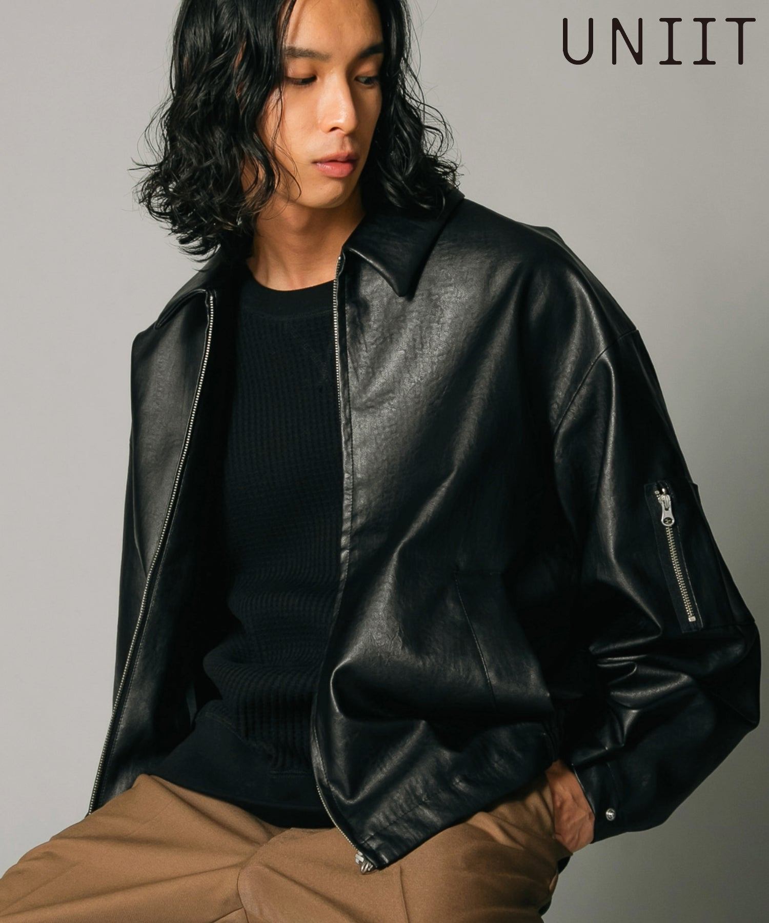 ジーンズメイト JEANS MATE 【UNIIT】エコレザー ビッグシルエット ブルゾン フェイクレザー サスティナブル サステナブル (ブラック) ブラック