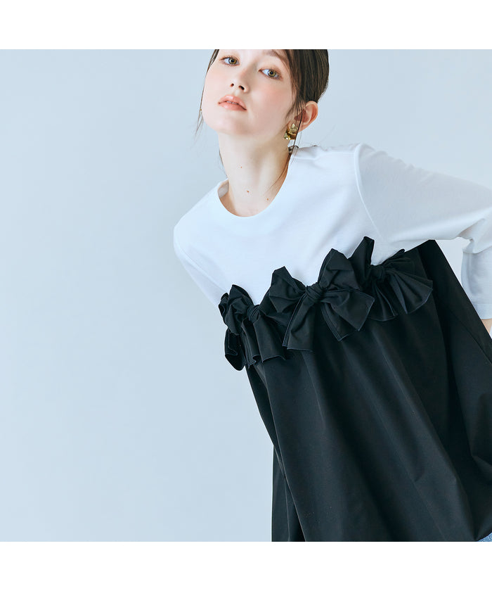 オーディア ミューズ Audie a Muses リボンモチーフ付き異素材カットソー (オフ) オフ