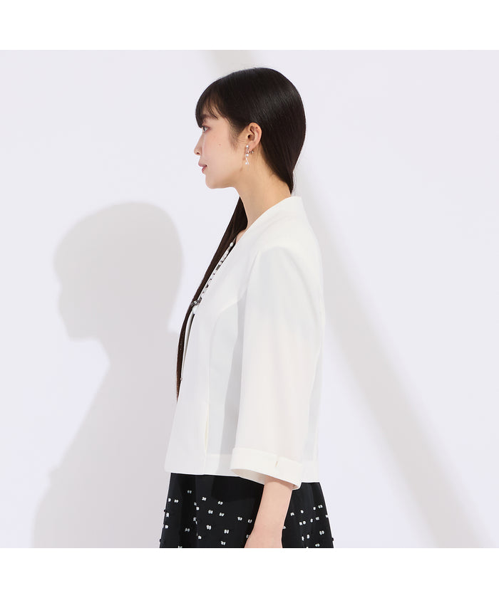 リリアンビューティ Liliane Burty 【WEB先行販売・セットアップ対応】バックサテン梨地ノーカラージャケット (ブラック) ブラック