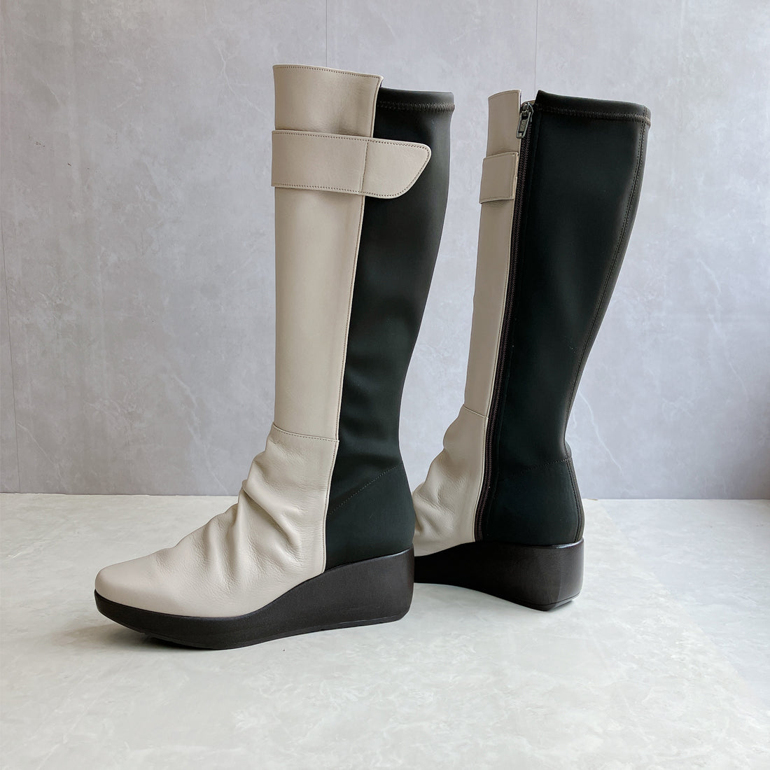 ジェイエス ハートレーベル JS Heartlavel 本革 ストレッチコンビ ロングブーツ (グレージュ) グレージュ