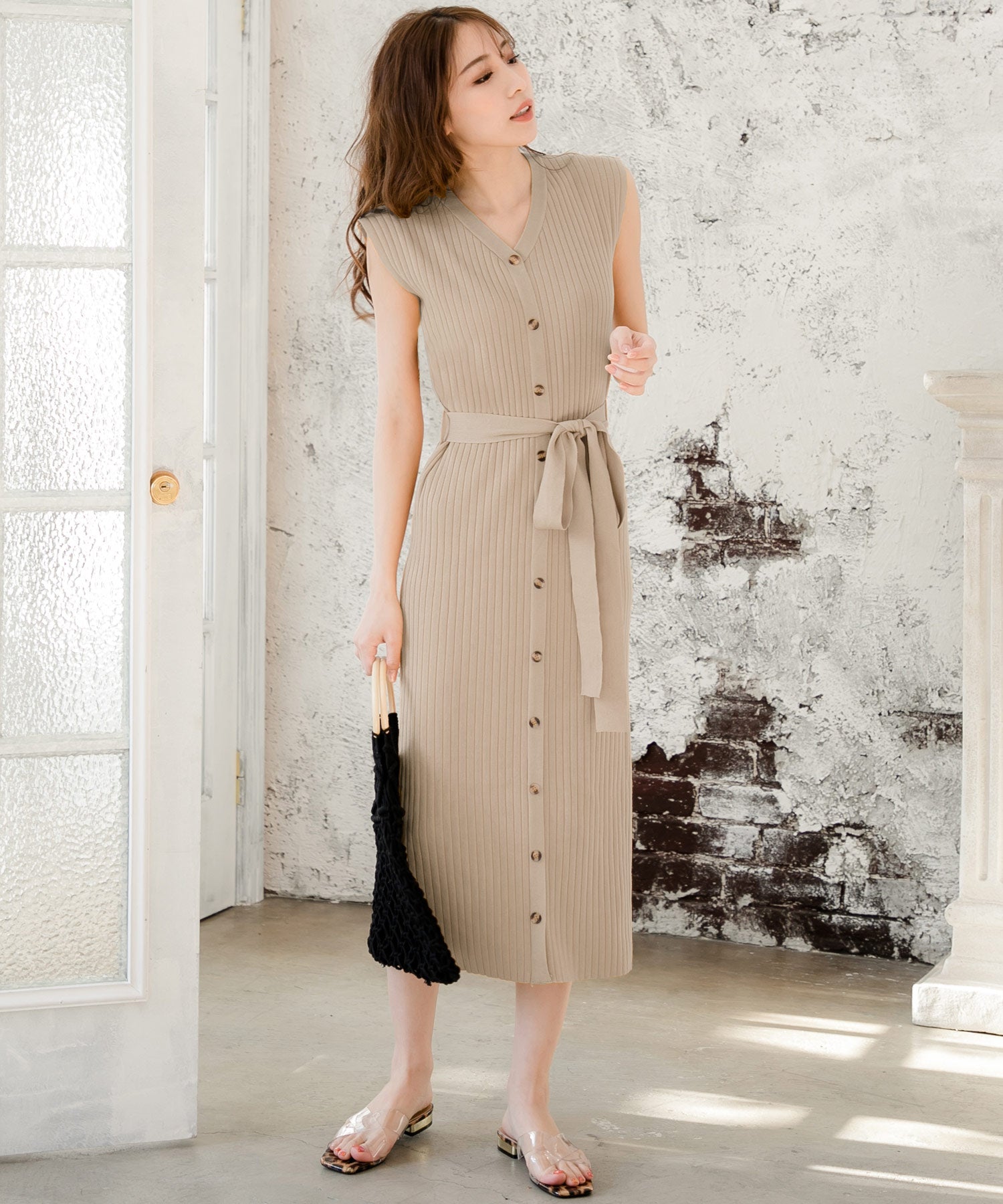 ジュリアブティック JULIA BOUTIQUE フロントボタンフレンチスリーブニットワンピース/510695,ベージュ