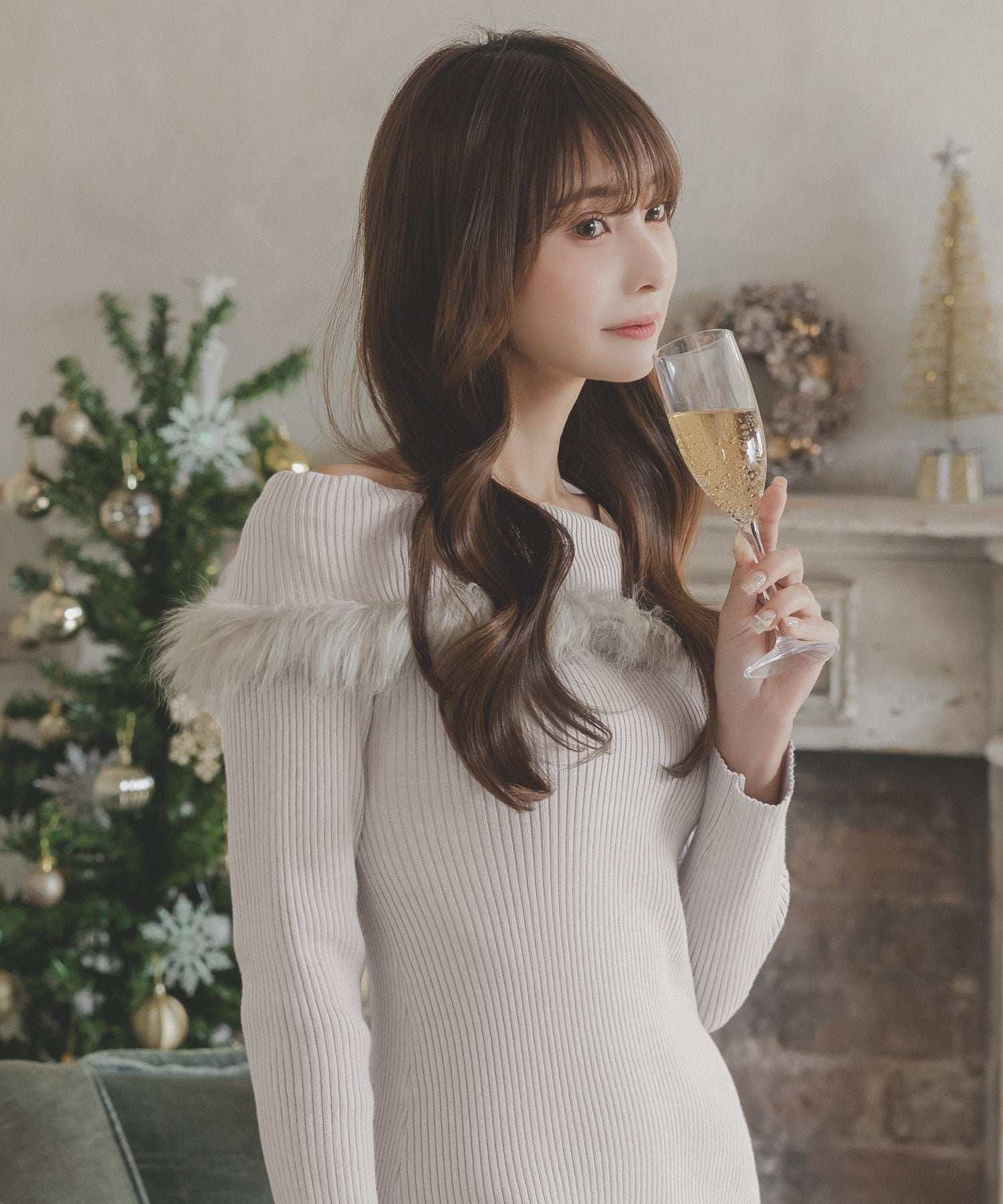 ジュリアブティック JULIA BOUTIQUE フェイクファー付きオフショルニットワンピース/23594