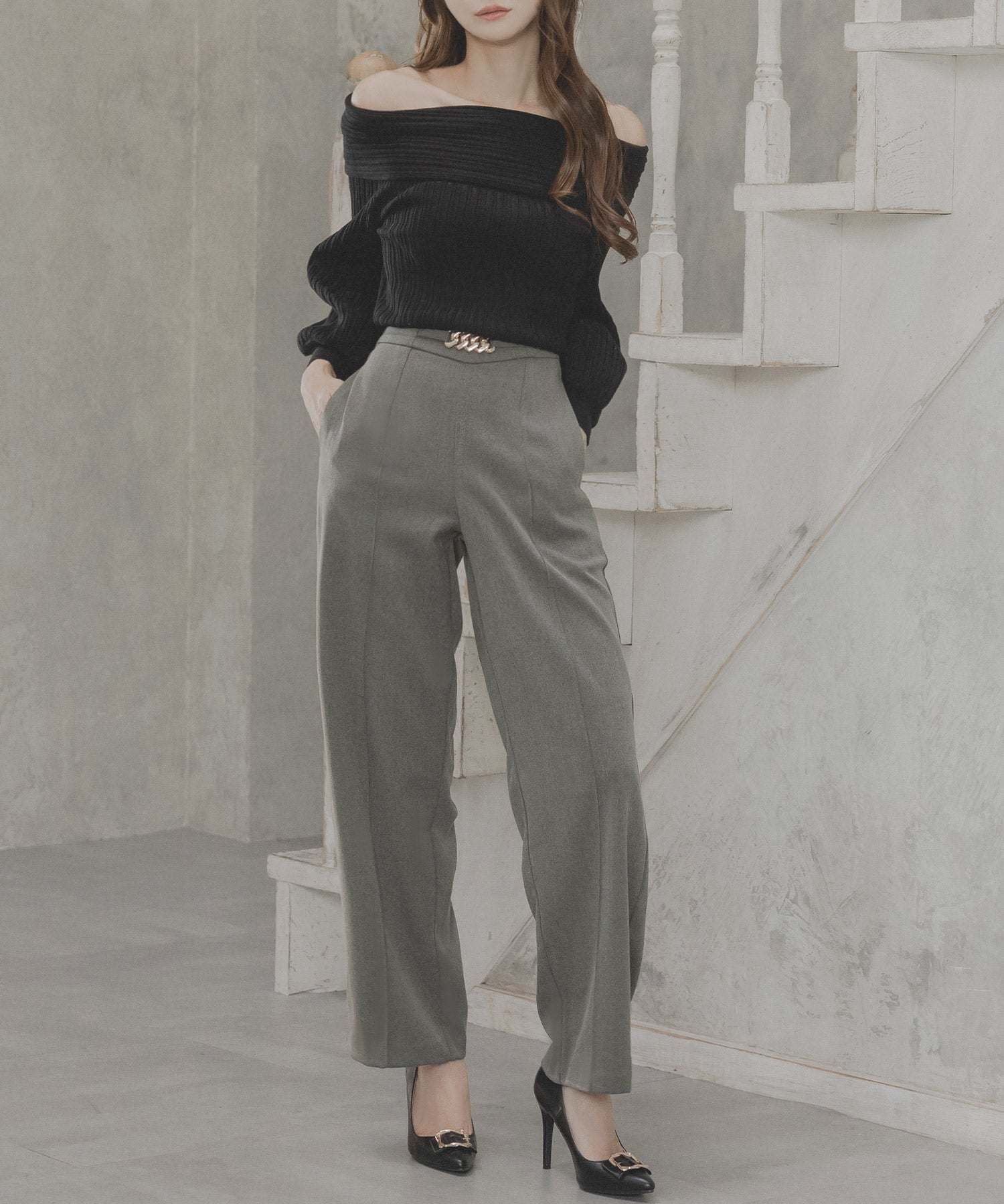JULIA BOUTIQUE Chain design high waist straight pants/23590