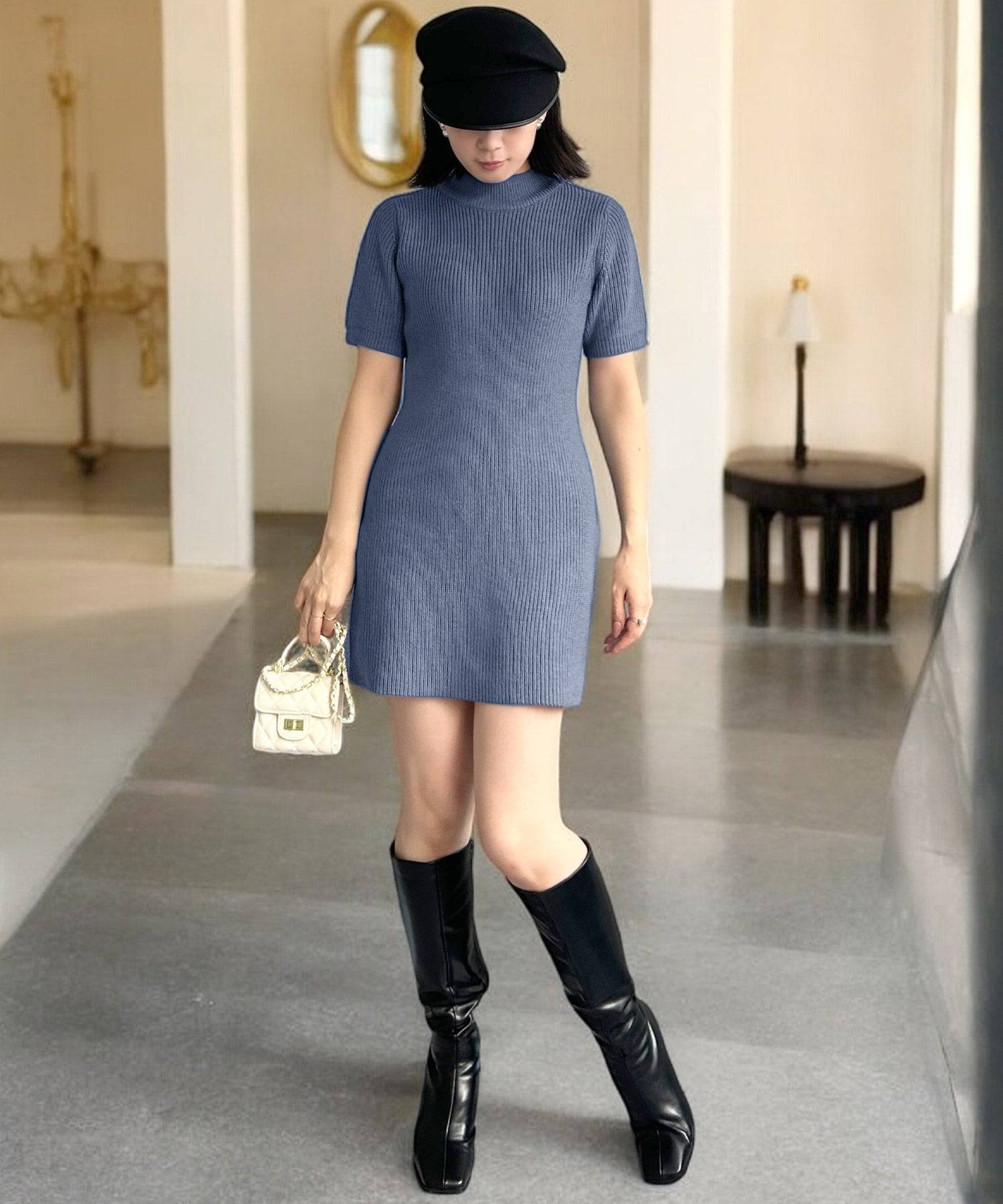 JULIA BOUTIQUE 高領短袖針織連身裙【24536迷你緊身素色女款黑黑灰白白藍】