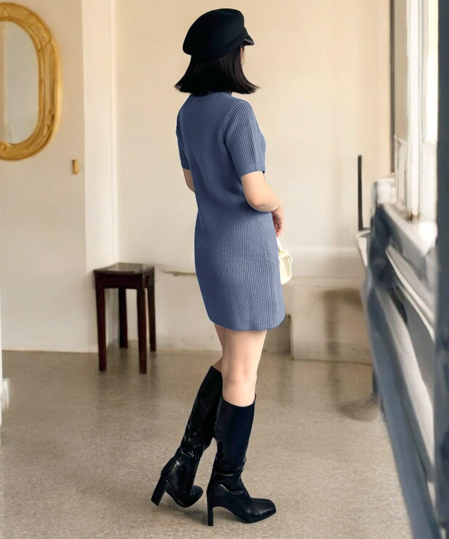 JULIA BOUTIQUE 高領短袖針織連身裙【24536迷你緊身素色女款黑黑灰白白藍】