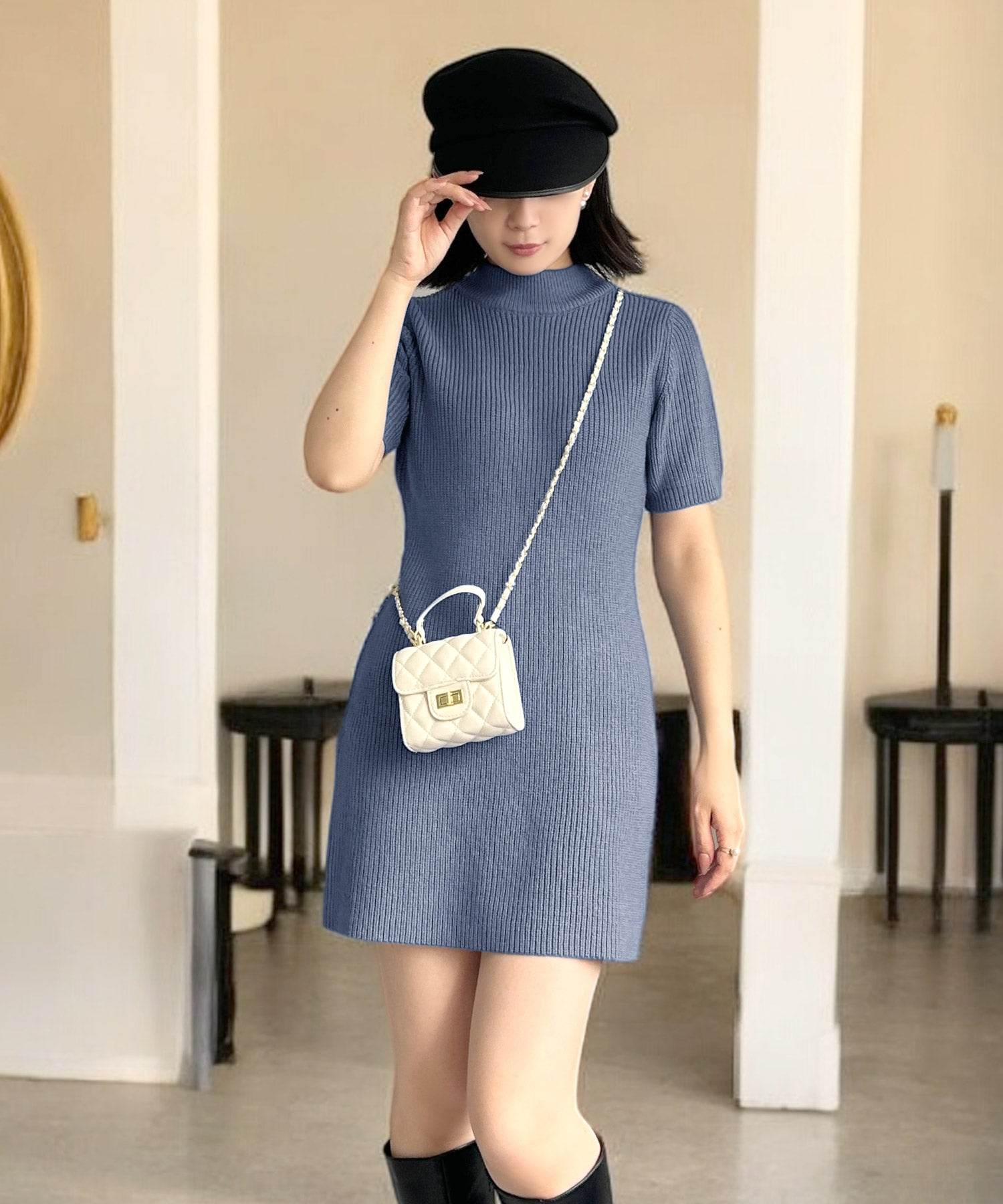 JULIA BOUTIQUE 高領短袖針織連身裙【24536迷你緊身素色女款黑黑灰白白藍】