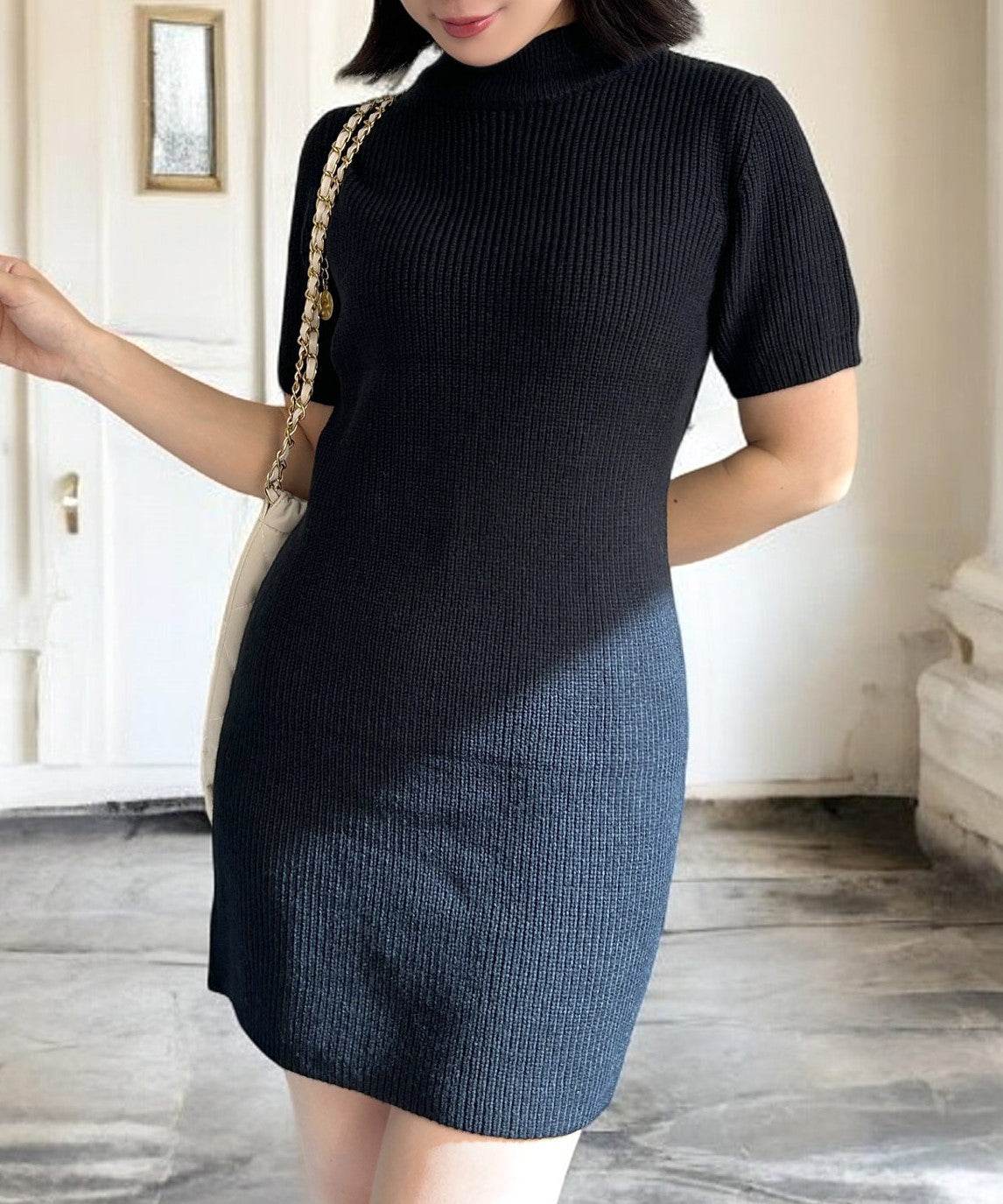 JULIA BOUTIQUE 高領短袖針織連身裙【24536迷你緊身素色女款黑黑灰白白藍】