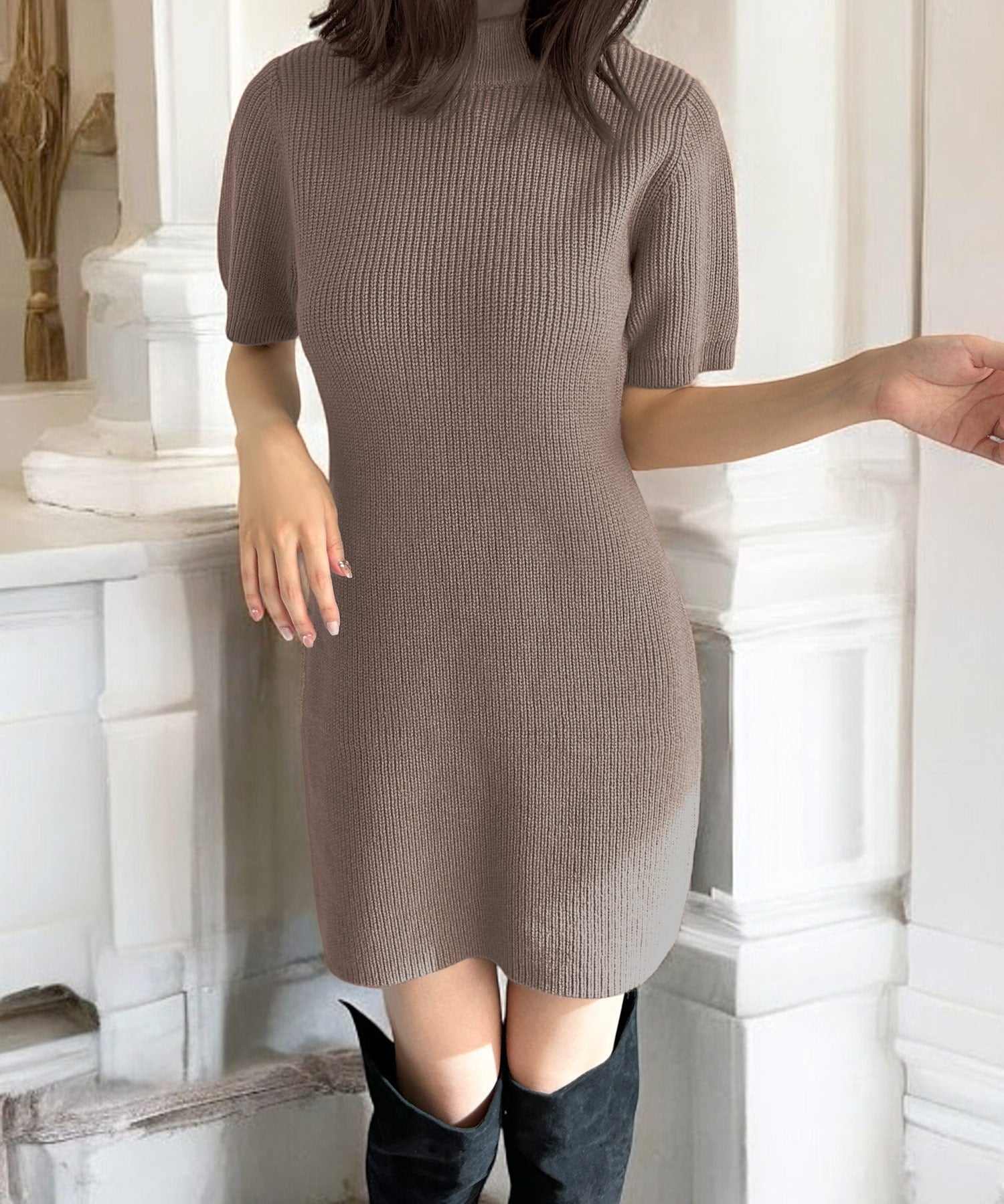 JULIA BOUTIQUE 高領短袖針織連身裙【24536迷你緊身素色女款黑黑灰白白藍】