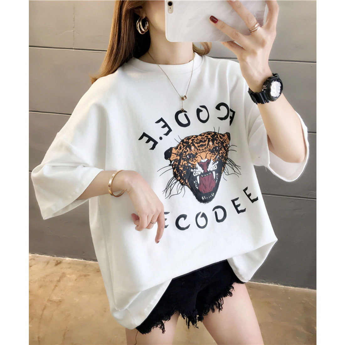 ジュノア JUNOAH プリントビッグTシャツ 韓国ファッション 春 夏 秋 韓国 トップス 半袖 春服 夏服,ホワイト