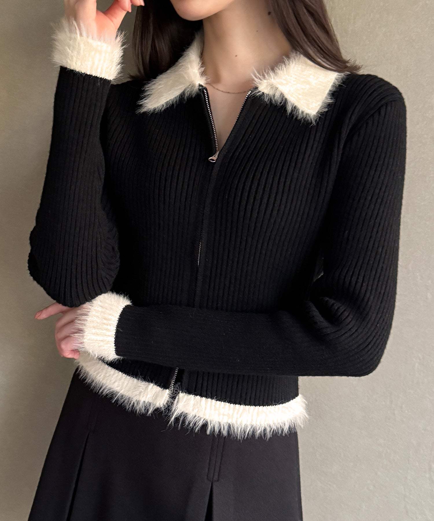 ジュノア JUNOAH バイカラーシャギーダブルジップニット (ブラック) ブラック