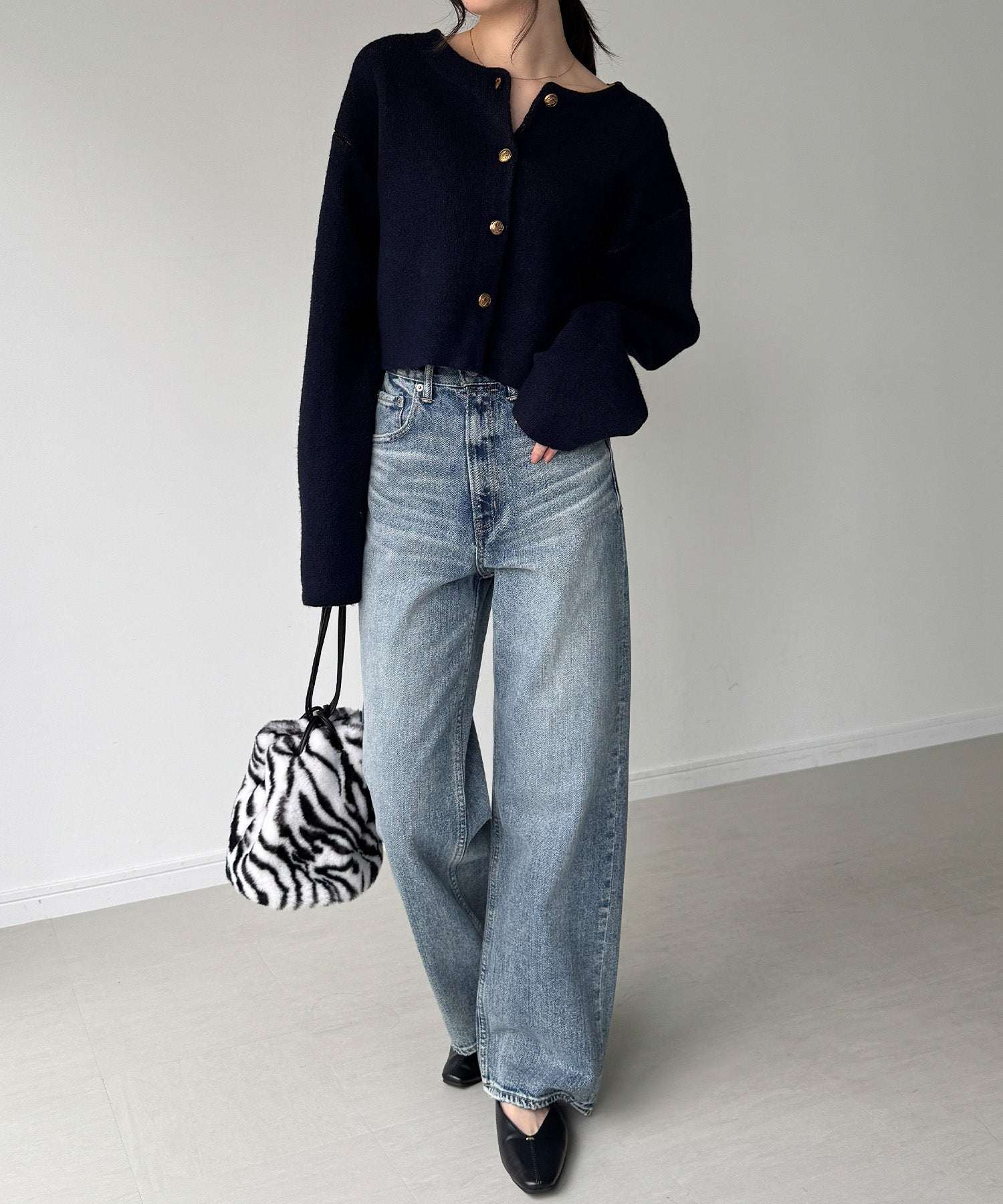 ジュノア JUNOAH 金釦裏配色ショートニットジャケット (ネイビー) ネイビー