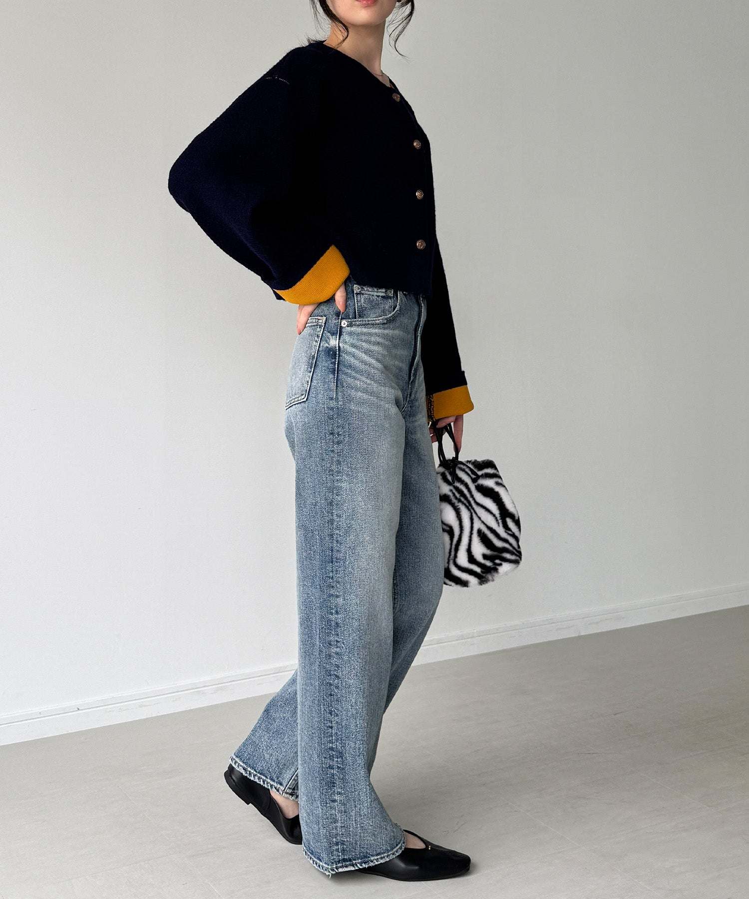 ジュノア JUNOAH 金釦裏配色ショートニットジャケット (ネイビー) ネイビー