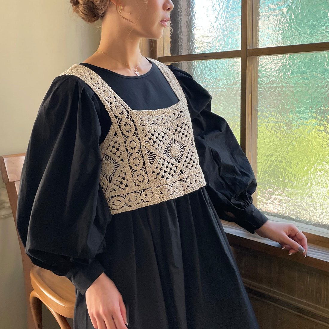 ジュノア JUNOAH ビスチェ付きボリュームスリーブマキシ丈ワンピース,ブラック