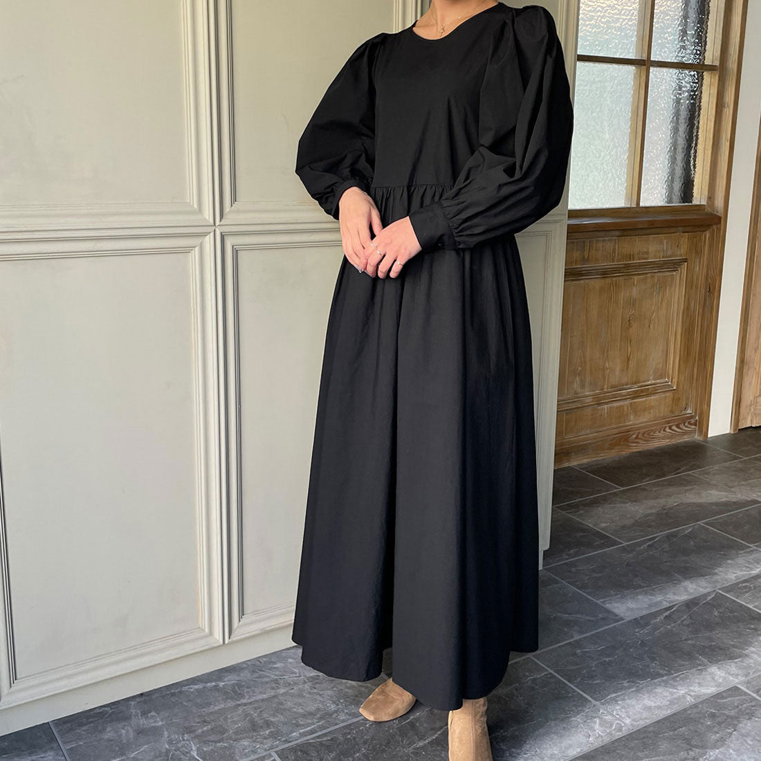 ジュノア JUNOAH ビスチェ付きボリュームスリーブマキシ丈ワンピース