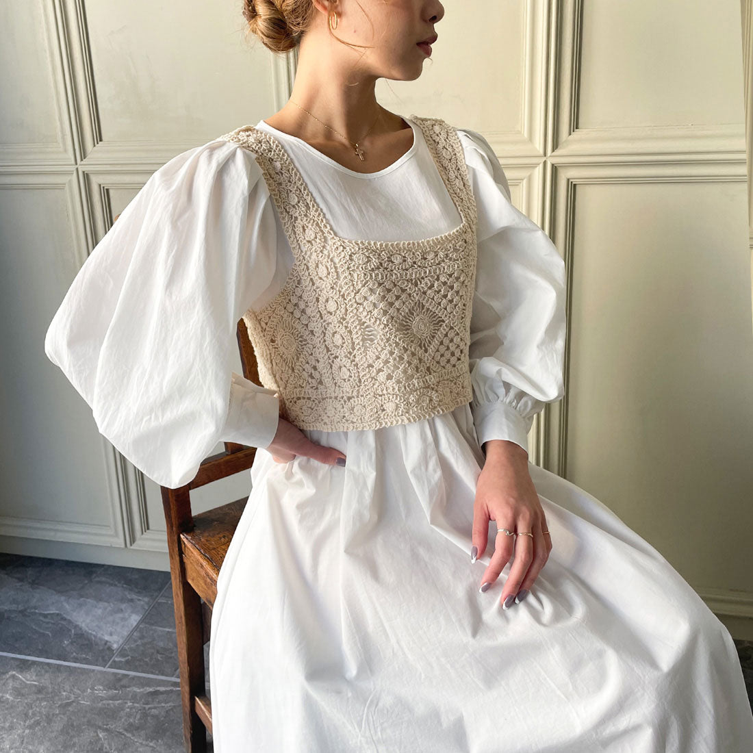 ジュノア JUNOAH ビスチェ付きボリュームスリーブマキシ丈ワンピース,ホワイト