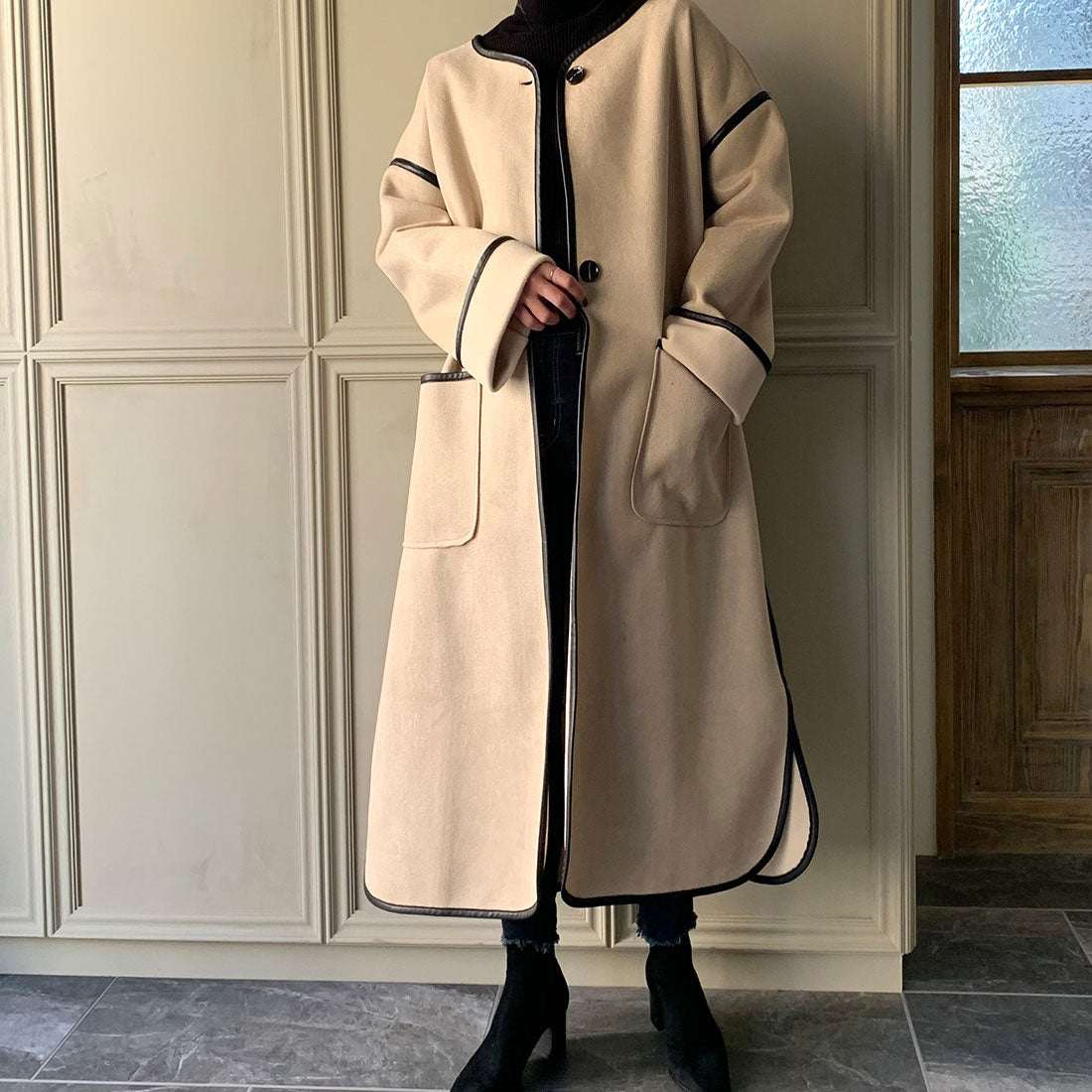 ジュノア JUNOAH ムートンパイピングノーカラーコート