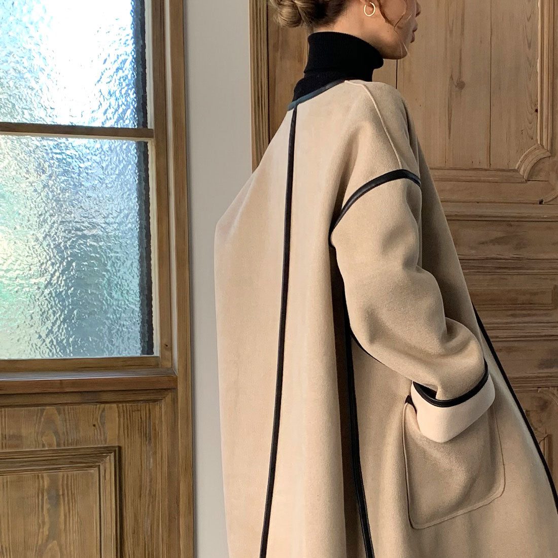 ジュノア JUNOAH ムートンパイピングノーカラーコート