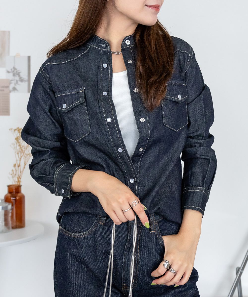 ジャングルジャロピー JUNGLE JALOPY ノーカラーウエスタンデニムシャツ レディース 大きいサイズ レビュー特典あり (ONEW-NAVY) ONEW-NAVY