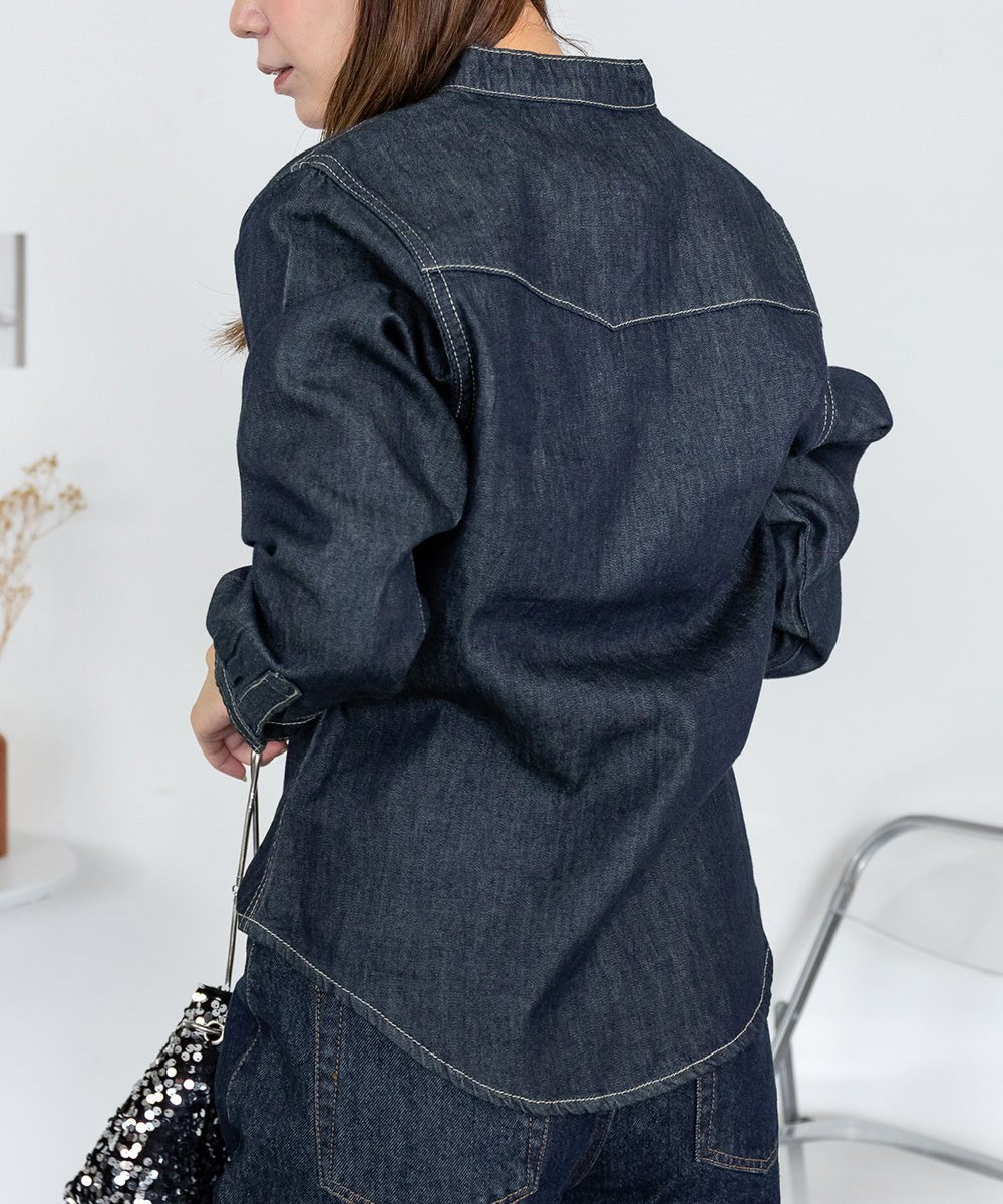 ジャングルジャロピー JUNGLE JALOPY ノーカラーウエスタンデニムシャツ レディース 大きいサイズ レビュー特典あり (ONEW-NAVY) ONEW-NAVY