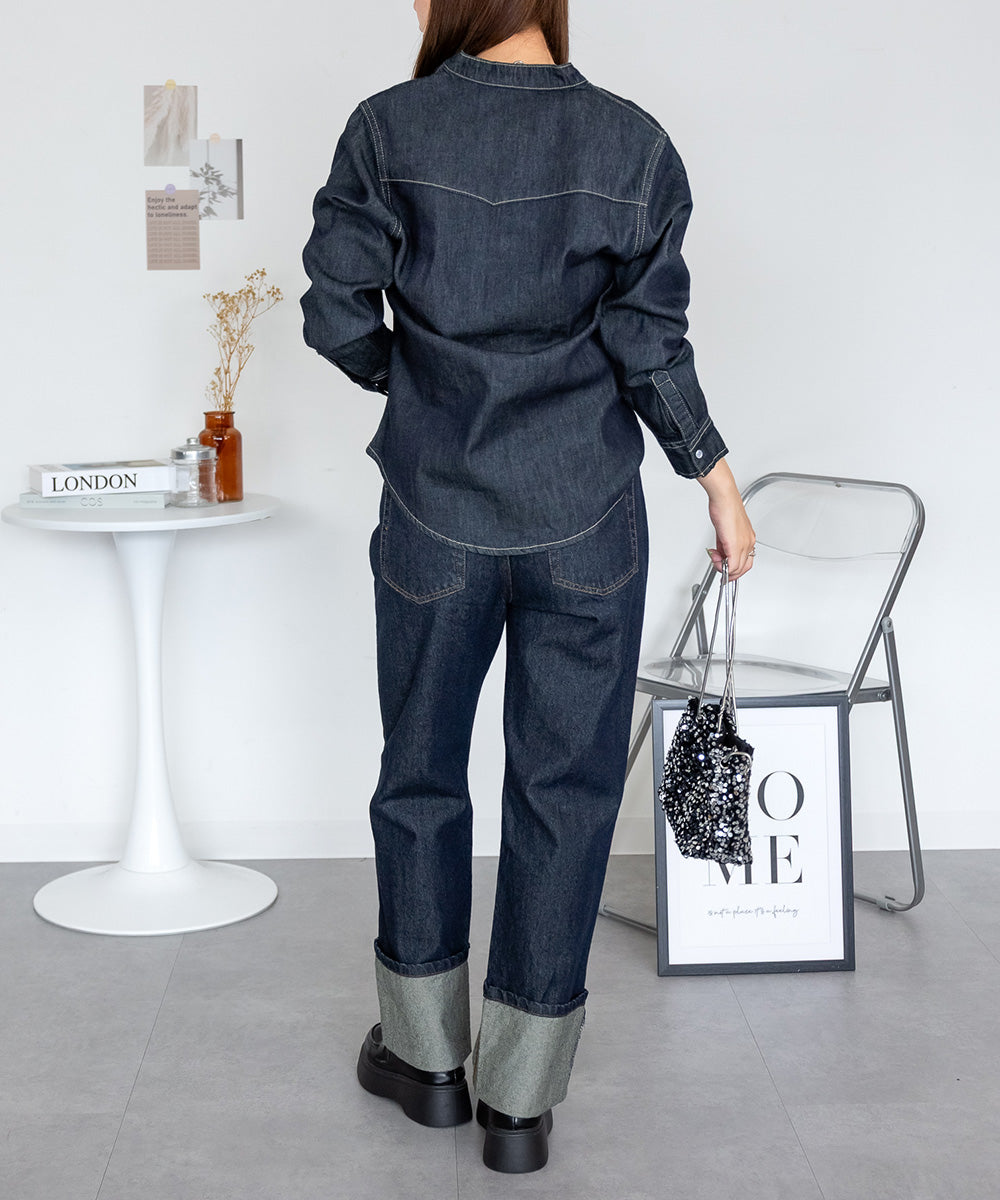 ジャングルジャロピー JUNGLE JALOPY ノーカラーウエスタンデニムシャツ レディース 大きいサイズ レビュー特典あり (ONEW-NAVY) ONEW-NAVY