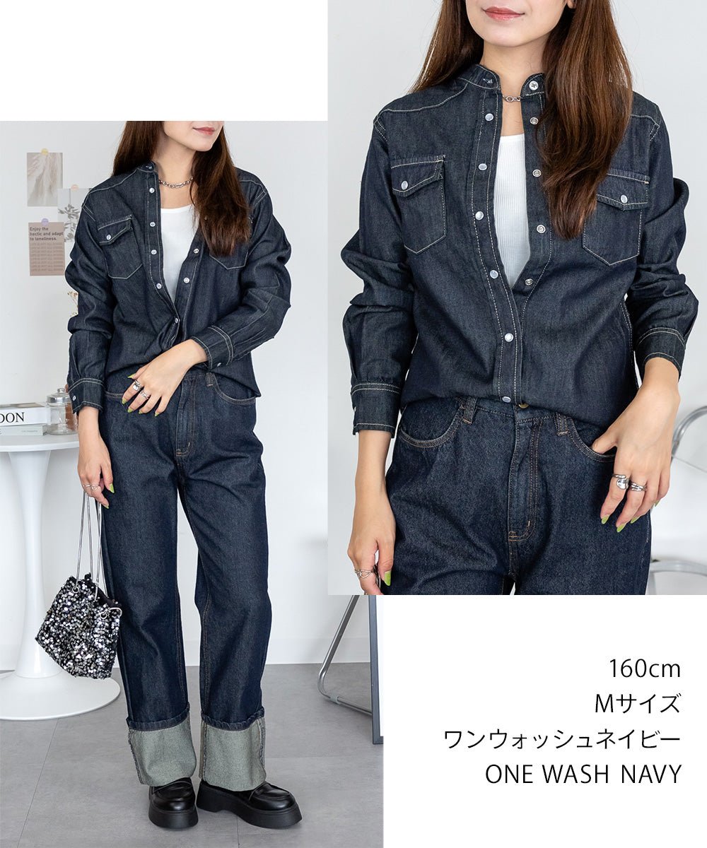 ジャングルジャロピー JUNGLE JALOPY ノーカラーウエスタンデニムシャツ レディース 大きいサイズ レビュー特典あり (ONEW-NAVY) ONEW-NAVY