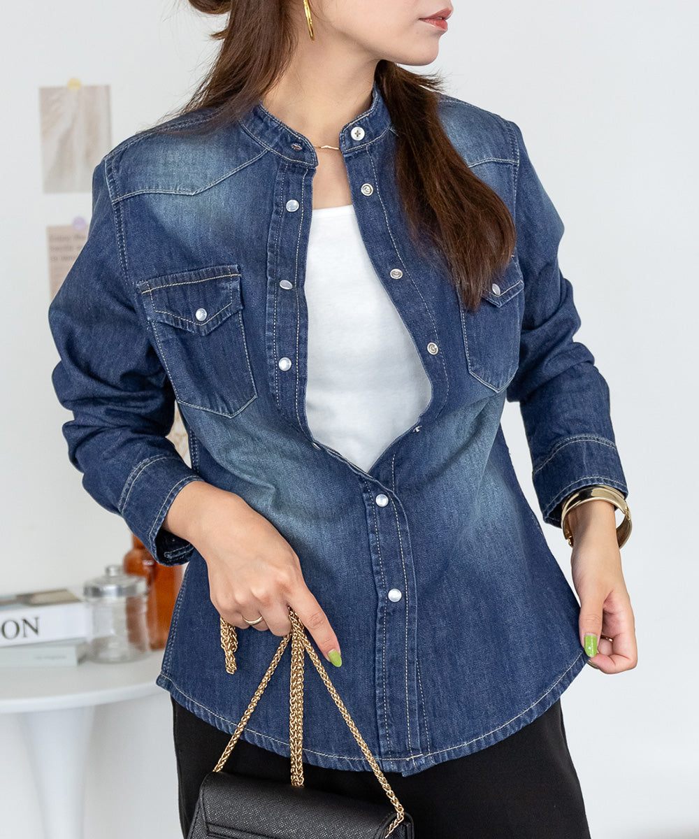 ジャングルジャロピー JUNGLE JALOPY ノーカラーウエスタンデニムシャツ レディース 大きいサイズ レビュー特典あり (NAVY) NAVY