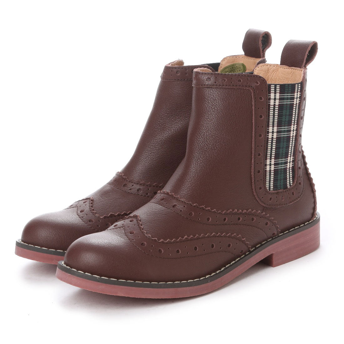 キスコ KISCO 【牛革】サイドゴアインチェック柄メダリオンショートブーツ8546,ダークブラウン