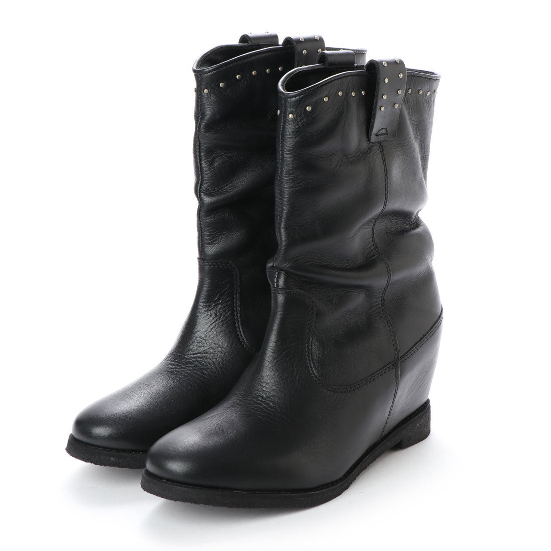 キスコ KISCO 【本革】スタッズ飾りインヒールミドルブーツ,ブラック