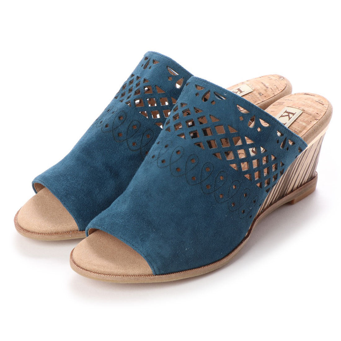 キスコ KISCO 【本革】カッティングデザインウェッジサンダル,ブルー