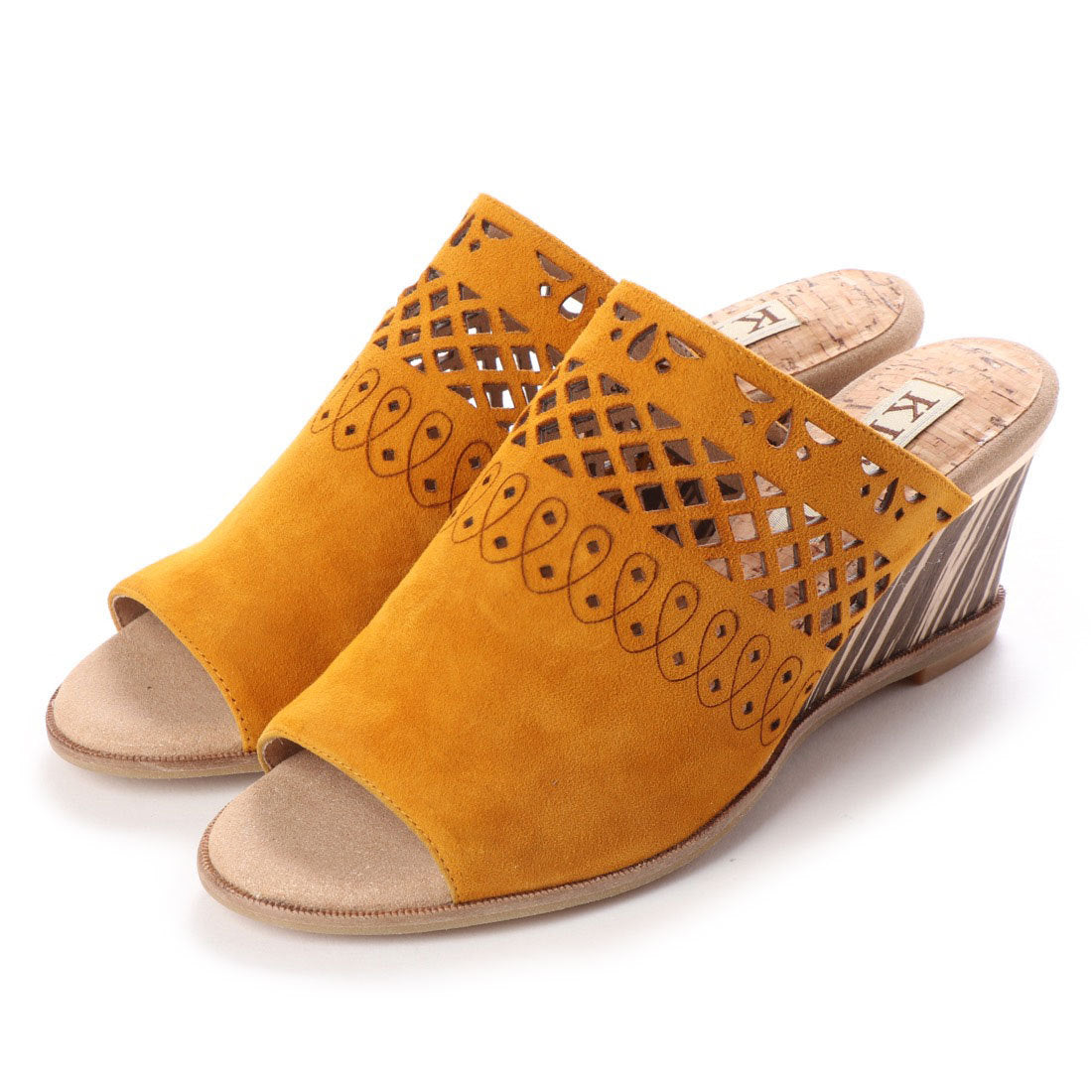 キスコ KISCO 【本革】カッティングデザインウェッジサンダル,キャメル