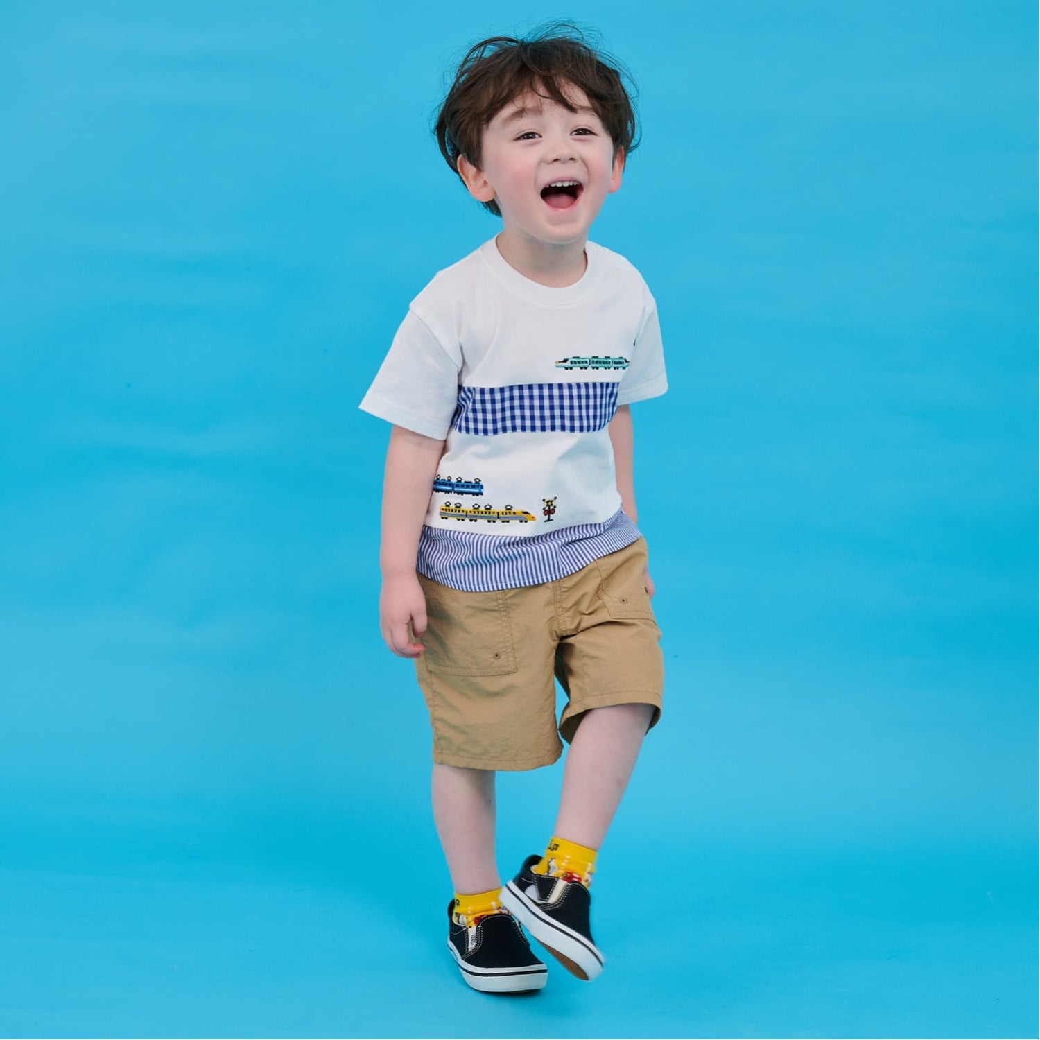 クレードスコープ kladskap 電車刺しゅう切替半袖Tシャツ (オフ ホワイト) オフ ホワイト