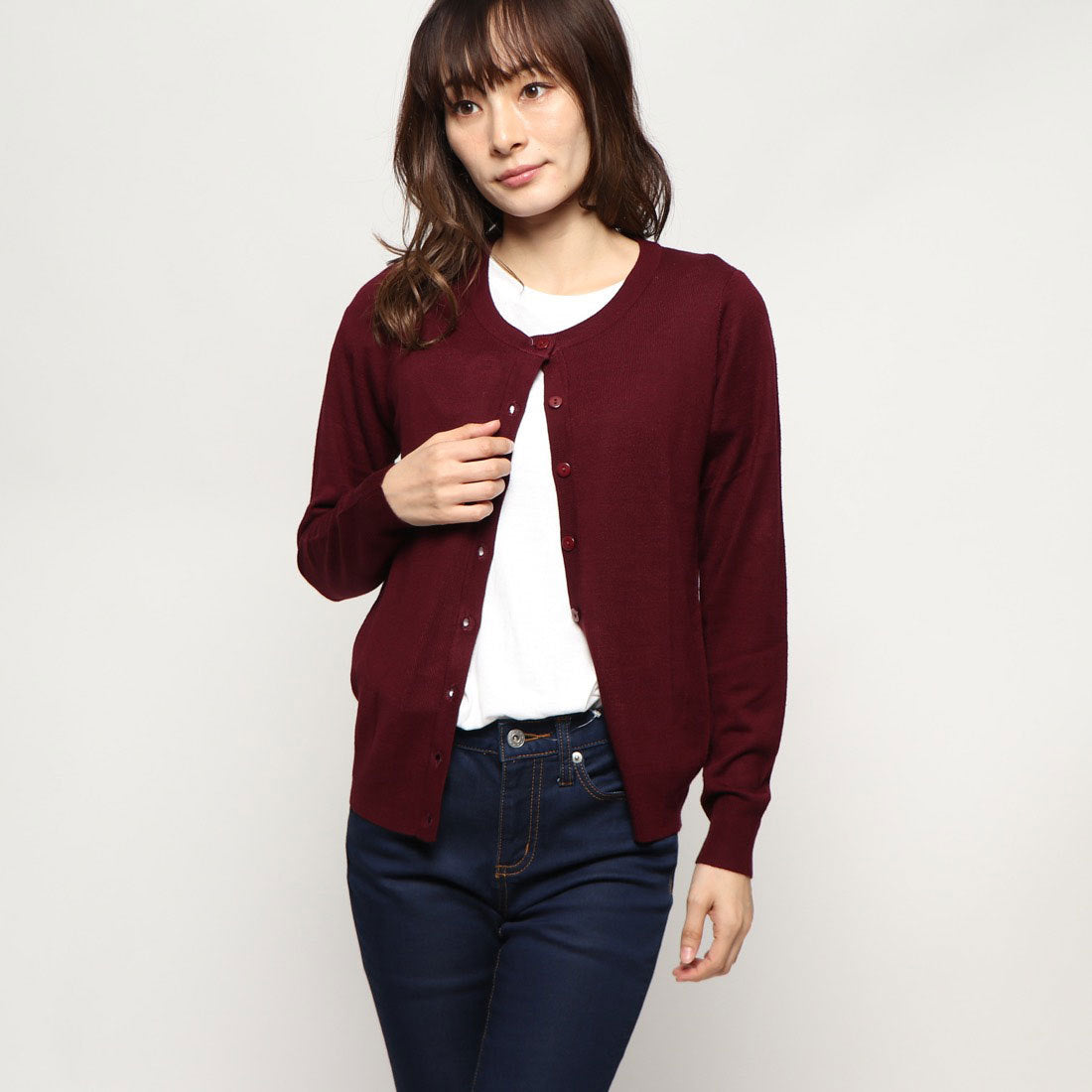 コウベレタス KOBE LETTUCE 洗えるシルクタッチカーディガン【丸首ミディアム丈】,ワイン