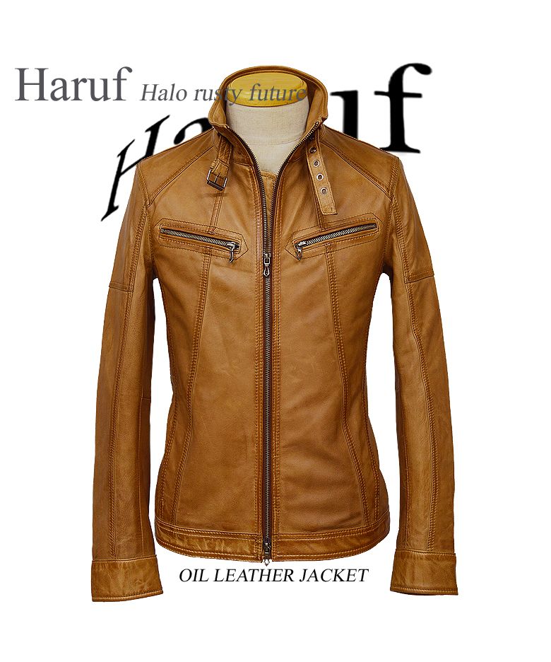 ハルフ Haruf レザージャケット ライダースジャケット 革ジャン メンズ 本革 シングルライダース 革ジャケット ラムレザー TQPOS1,キャメル