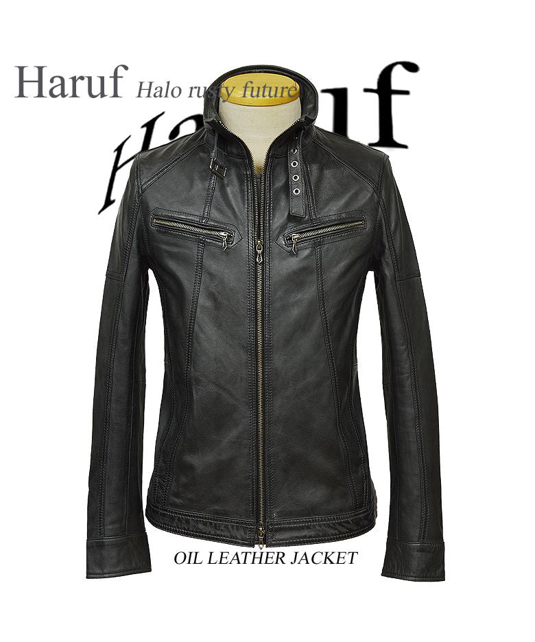 ハルフ Haruf レザージャケット ライダースジャケット 革ジャン メンズ 本革 シングルライダース 革ジャケット ラムレザー TQPOS1,ネイビー